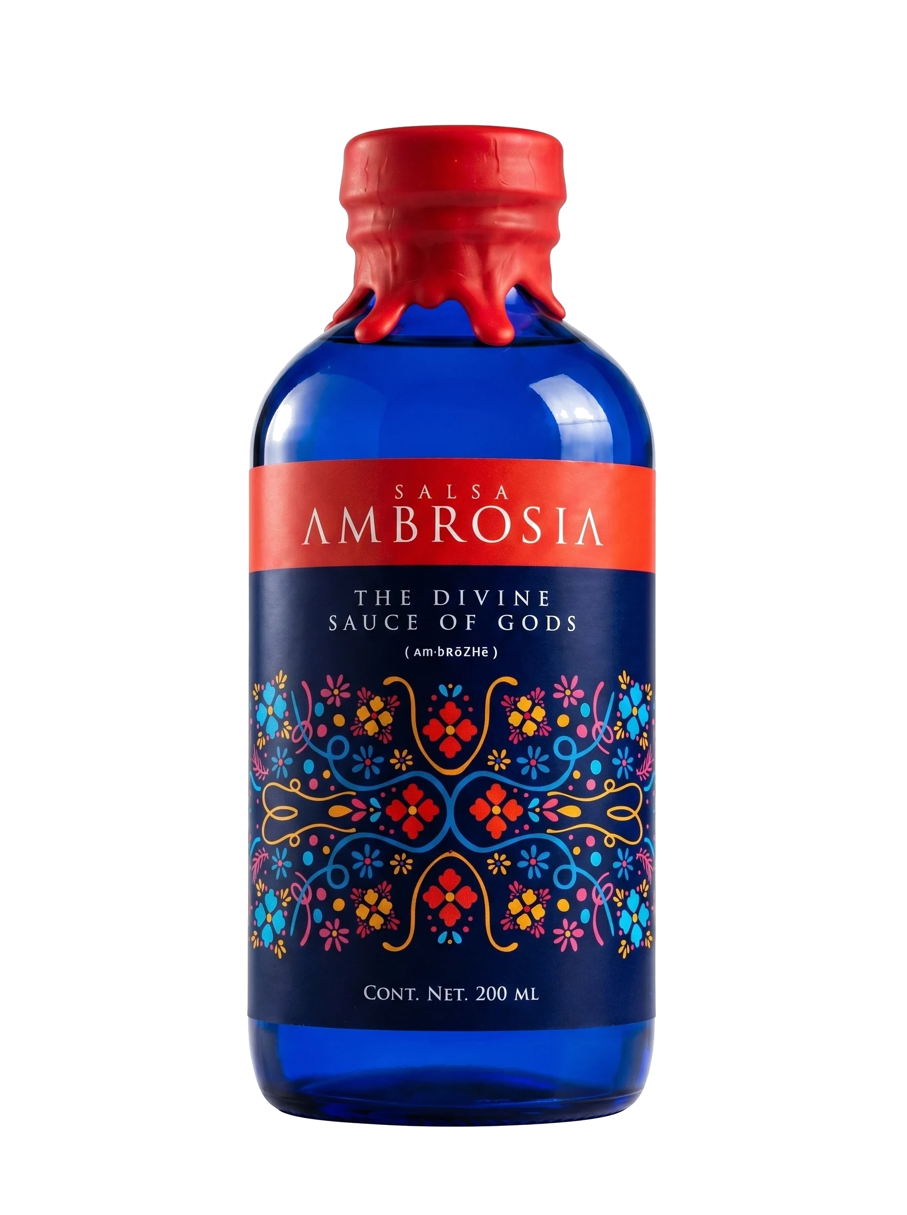 Botella AMBROSIA edicion original — vidrio cobalto con etiqueta Otomi y lacre rojo Pantone 485