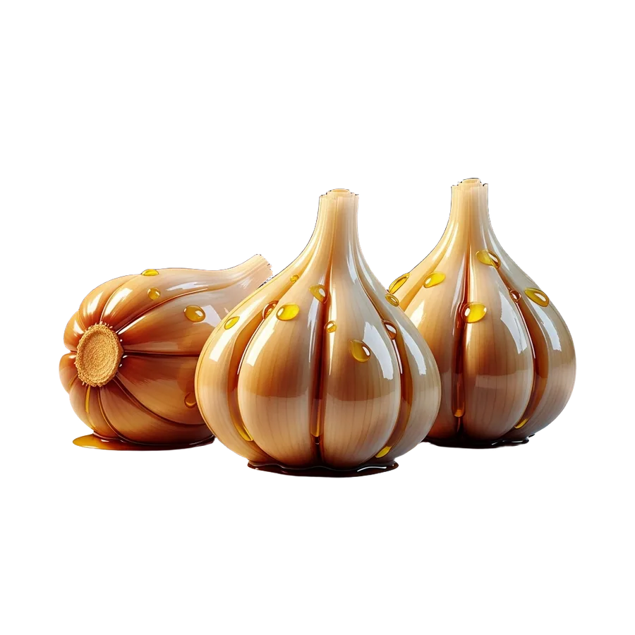 Render 3D de dientes de ajo confitados en aceite dorado