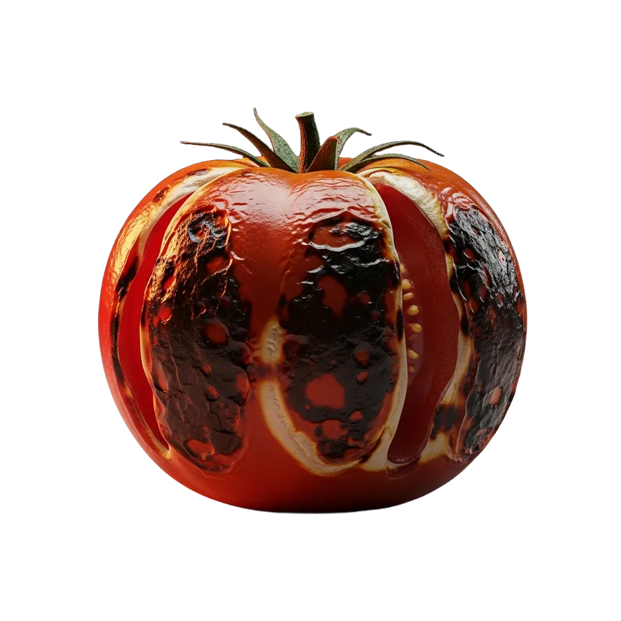 Render 3D de un tomate asado con piel chamuscada